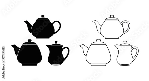 Vector illustration of three distinct black silhouette teapots and matching white outline teapots, isolated on a transparent background.