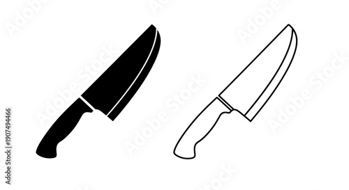 Vector illustration of a sharp chef's knife in solid black and outline styles, isolated on a transparent background, suitable for kitchen icons or cooking app UI.