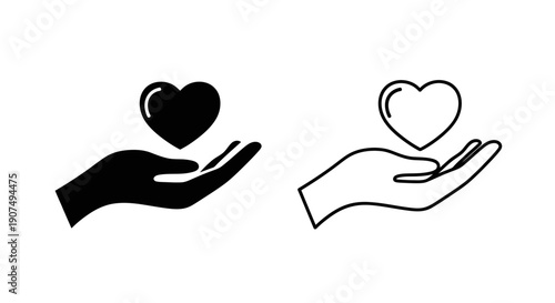 Vector icon set featuring a black solid heart and an outline heart held in an open hand, isolated on a transparent background.