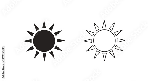 Black vector sun icon with sharp rays, solid fill and outline versions, isolated on transparent background for weather UI.
