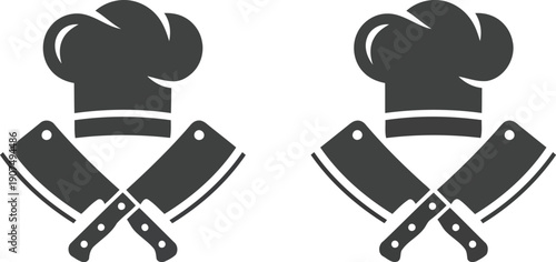 Crossed butcher cleavers and chef hats emblem for culinary restaurant meat shop food service business vector