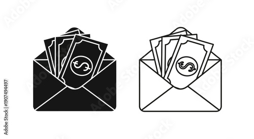 Vector illustration of two black and white envelopes, one solid and one outline, each containing several dollar banknotes, isolated on a transparent background.