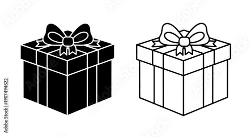 Vector black silhouette and outline gift box with a decorative bow, isolated on a transparent background, perfect for icons or UI elements.