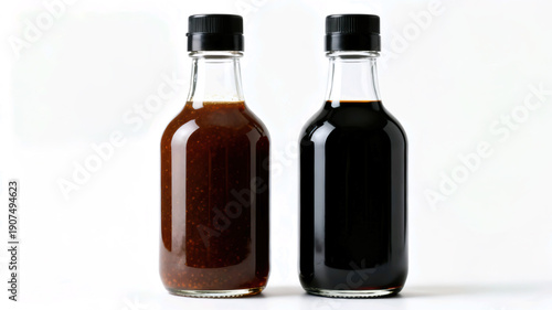 Wallpaper Mural Two glass bottles containing different sauces, one textured brown sauce and one dark soy sauce, isolated on a white background. Torontodigital.ca