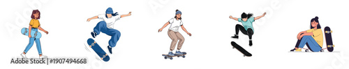 Skateboard Vector Female Skater Tricks Urban Street Sport Character Set