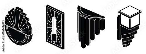 Set of isometric architectural elements like fan sundial and decorative panels