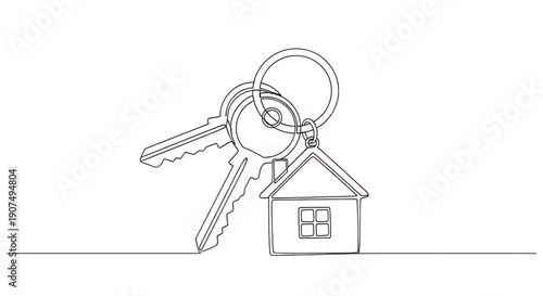 A set of house keys and a keychain on a simple house outline isolated on transparent background for real estate concepts