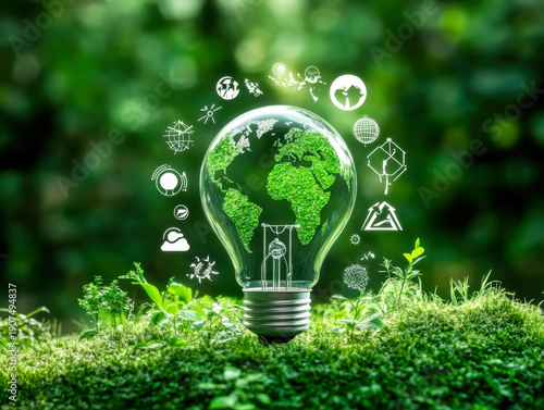 Green map in light bulb with renewable energy icon. Carbon emission low neutral