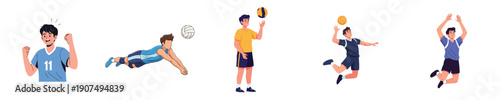 Volleyball Vector Team Action Defense Spike Jump Sport Character Set