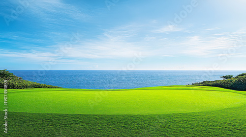Beautiful green grass lawn with a blue sky and sea background