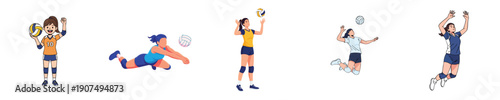 Volleyball Vector Girls Team Action School Sport Match Character Collection