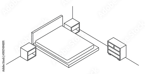 Minimalist line art bedroom scene, isometric view, furniture arrangement.