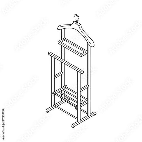 Single isometric valet stand for suit organization featuring hanger tray and shoe rack base