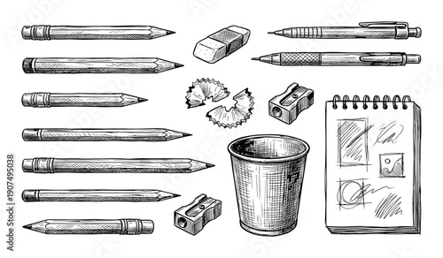 Stationery drawing tools collection with pencils sharpeners and eraser on transparent background