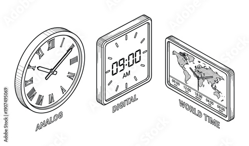 isometric hand-drawn clocks: analog with roman numerals, digital with 09:00 AM, and world time with map