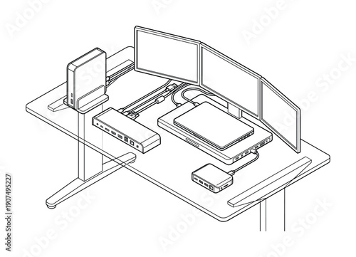 Triple screen setup, productive office environment, hardware arrangement, technical workspace