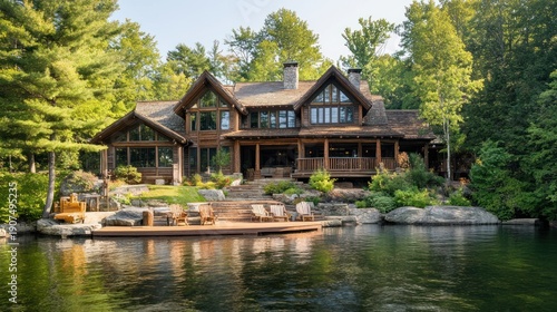 Luxurious log cabin on lake shore with patio