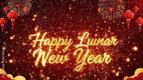 Happy Lunar New Year Golden Glitter Text with Traditional Red Lanterns and Sparkling Bokeh Background holiday video happy chinese New year