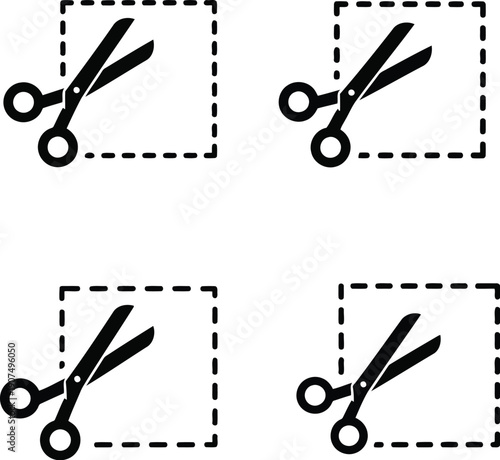 Four pairs of scissors cutting dotted lines indicating coupon or ticket separation concepts vector