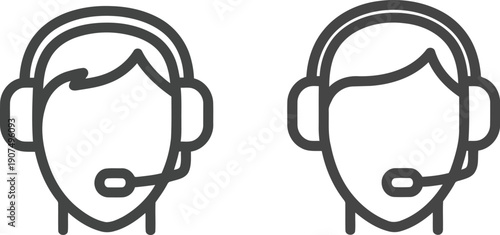 Two stylized line art icons of people wearing headphones with microphones representing customer support and communication vector