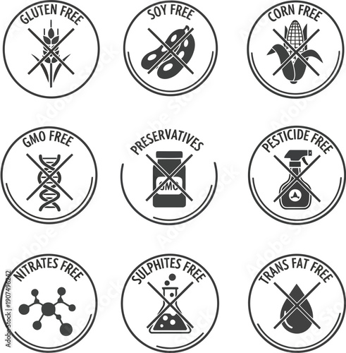 Healthy food labels set gluten free soy free dairy free gmo free no preservatives pesticide free vector