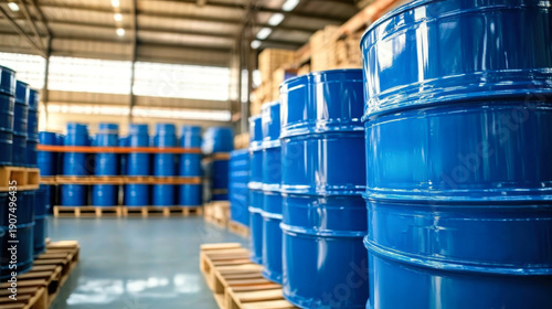Blue barrel drum on the pallets contain liquid chemical in warehouse prepare for delivery to customer by made to order.
