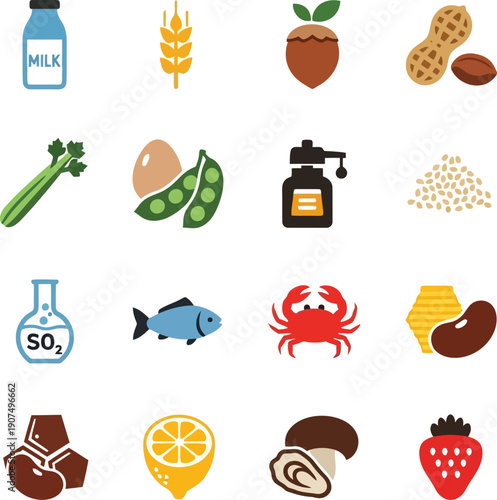Common food allergy icons set dietary intolerance health symbols flat design vector illustration vector