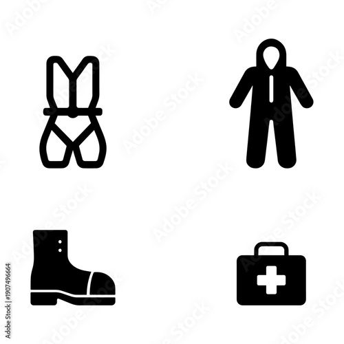 Professional safety gear icon pack featuring harness, protective suit, safety boots, and first aid kit for industrial and workplace safety.

