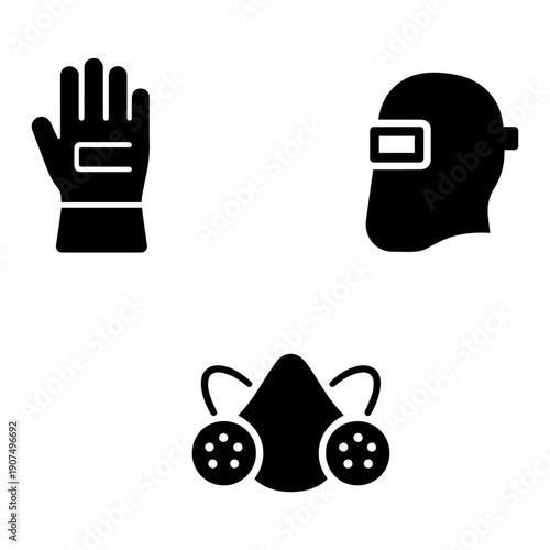 Essential PPE icon pack showing protective glove, face shield, and respirator mask for industrial, medical, and workplace safety systems.
