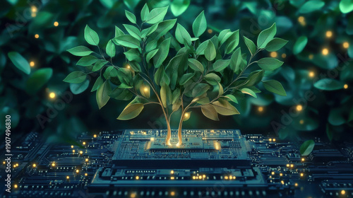 Tree growing on Circuit digital ball. Digital and Technology Convergence