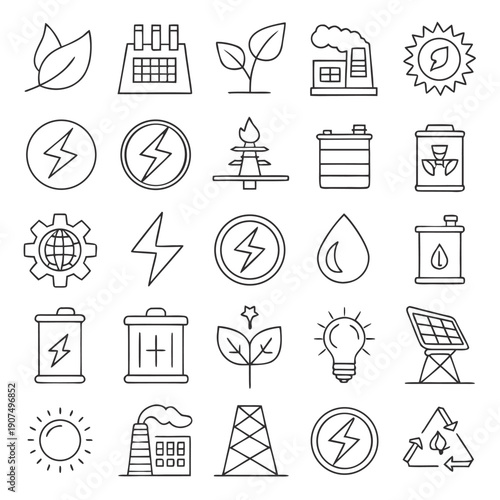 A collection of linear icons depicting various sources and concepts related to renewable and non renewable energy production