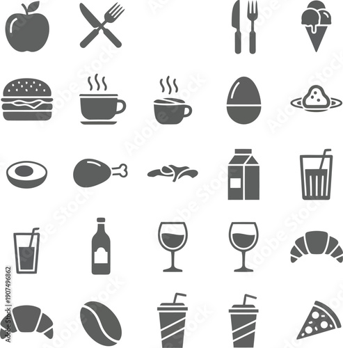 Icon set food drinks dining fast food desserts fruits beverages fresh healthy meal items vector