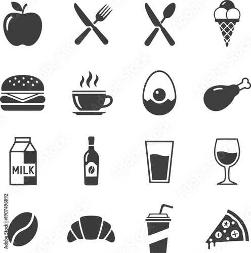Collection of delicious food and drink icons for modern graphic design and menus vector