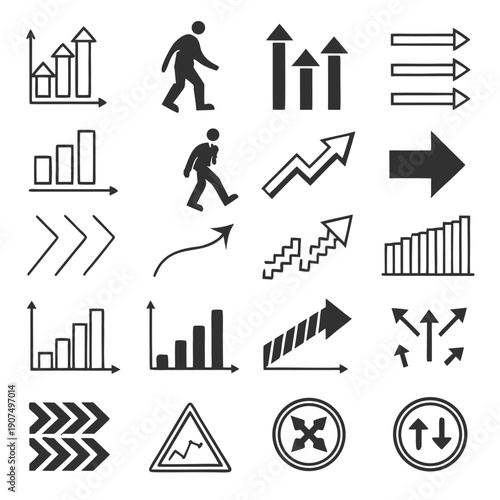 A collection of black vector icons representing business growth direction data analysis and cautionary symbols high quality professional detailed