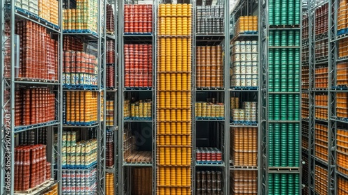 High-level view of a warehouse filled with canned goods