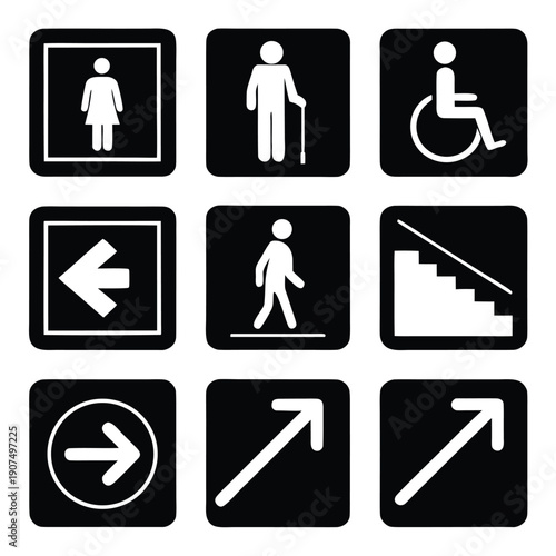 A collection of nine black and white public signage icons depicting restrooms directions and accessibility features high quality professional