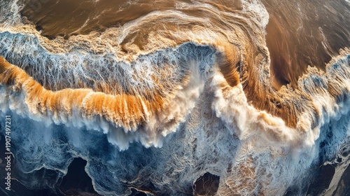 Aerial view of powerful ocean waves crashing on shore