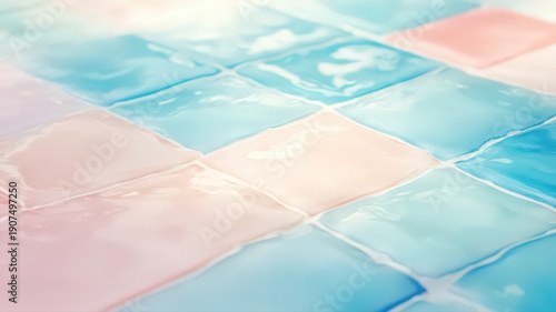 Close-up of Modern Resin Floor with Soft Matte Finish Featuring Light Blue and Pink Geometric Tiles