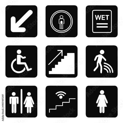 A collection of nine black and white safety and informational signs depicting various public facility indicators high quality professional