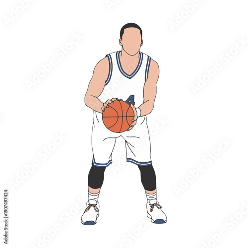 Professional Basketball Player Concentrating on Free Throw Line Holding Ball with Both Hands Line Art Illustration