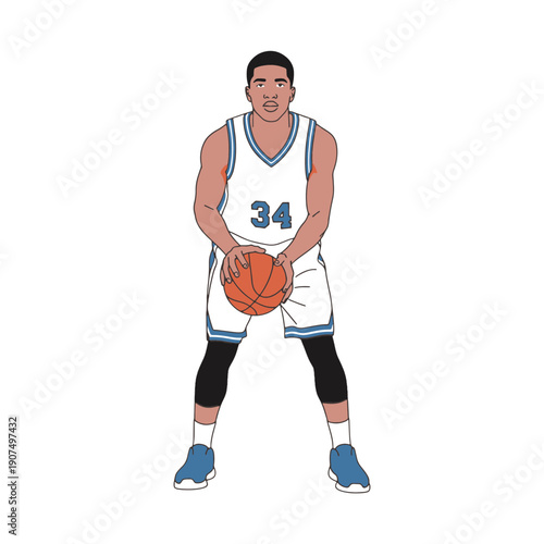Professional Basketball Player Concentrating on Free Throw Line Holding Ball with Both Hands Line Art Illustration