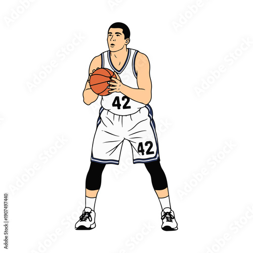 Professional Basketball Player Concentrating on Free Throw Line Holding Ball with Both Hands Line Art Illustration