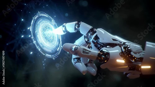 Cinematic macro shot of a futuristic robot hand touching a glowing digital interface hologram in 4K ultra HD style