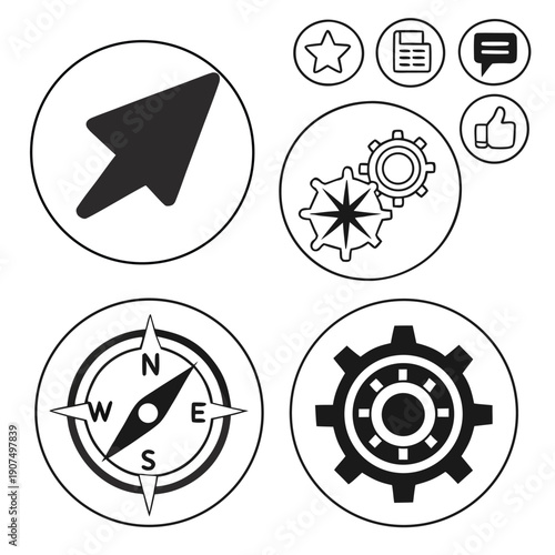 A collection of circular icons showcases navigation settings communication and mechanical symbols in black and white high quality professional