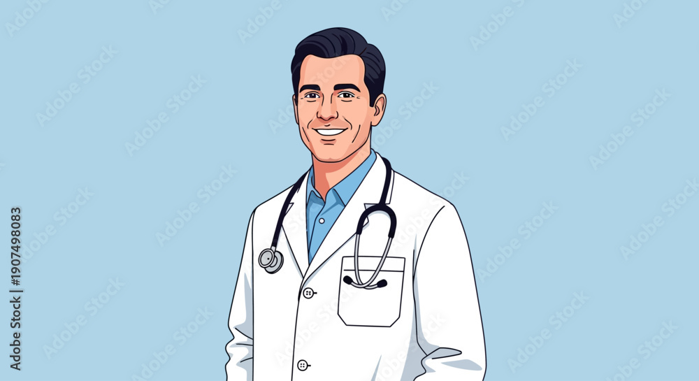 Fototapeta premium Smiling and professional male doctor illustration in a white lab coat with a stethoscope, exuding warmth and expertise for medical consultations and healthcare services