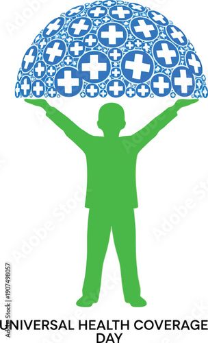 Green human silhouette holding up universal health coverage day symbol of hope and protection vector