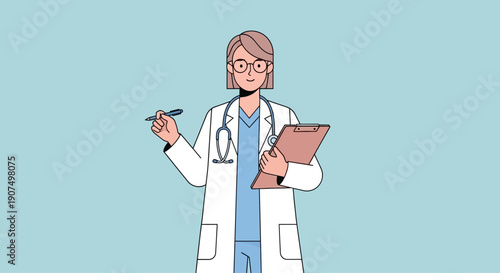 Professional female doctor in a lab coat with stethoscope holding a pen and clipboard, ready for a medical consultation or examination