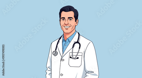 Smiling and professional male doctor illustration in a white lab coat with a stethoscope, exuding warmth and expertise for medical consultations and healthcare services