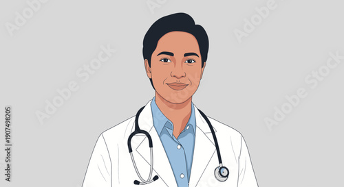 Portrait of a smiling doctor in a white coat with a stethoscope around their neck against a plain grey background