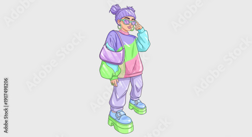 Expressive illustration of a young person embodying vibrant retro-futuristic street fashion, complete with bold pastel colors, chunky accessories, and a communicative gesture
